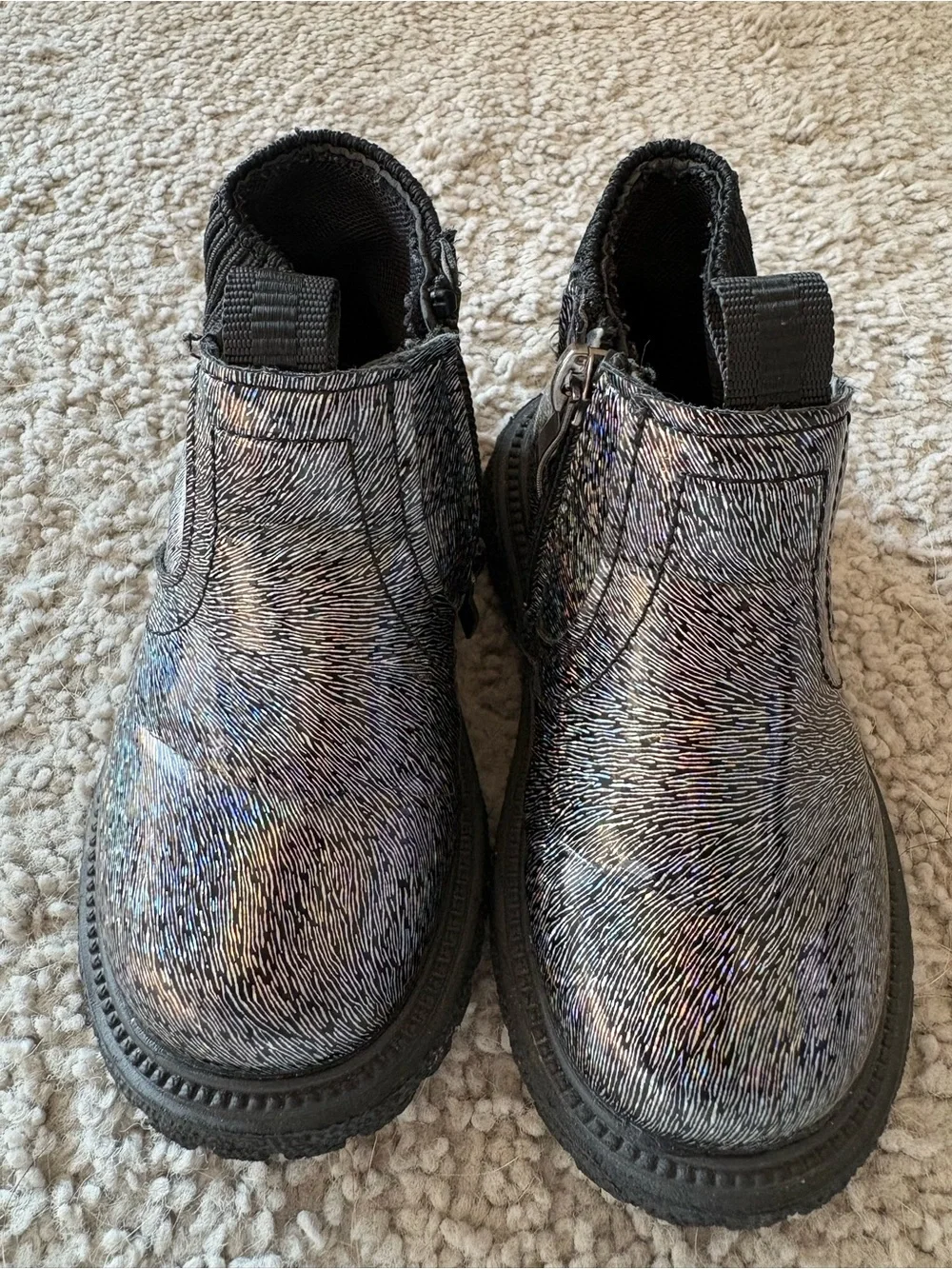 Kids Metallic Black Holographic Ankle Boots